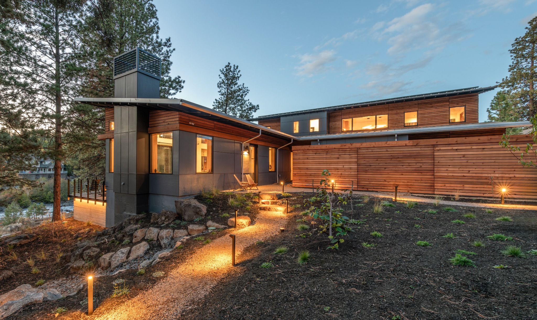 Professional twilight photograph of the cedar siding project