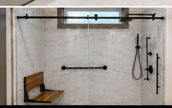 Straight-on view of the completed shower
